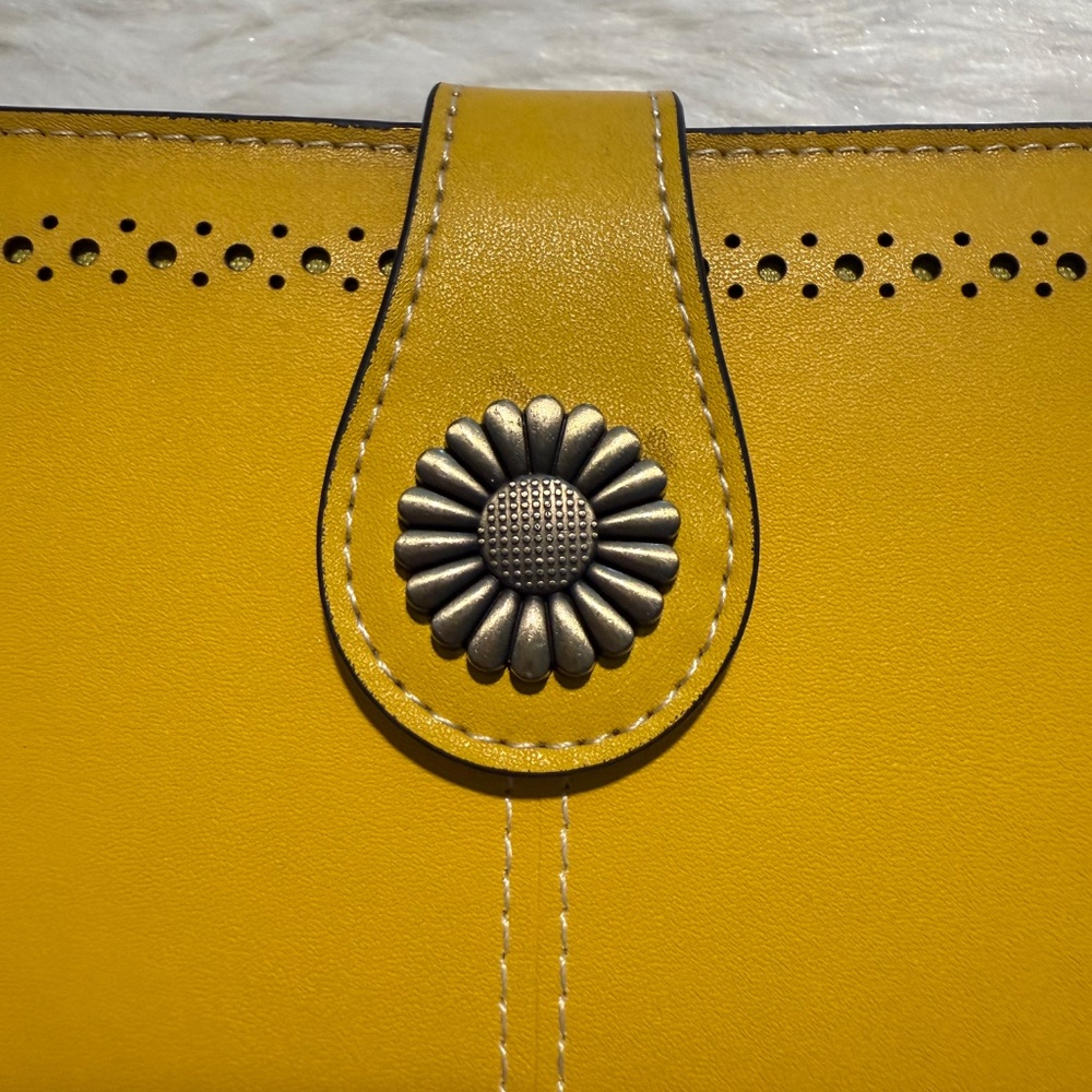 Yellow Women's Leather Wallet with Floral button - Picture 7 of 9